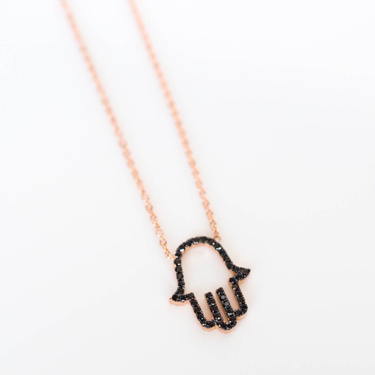 Open Hand Hamsa Necklace With Black Diamonds - Medium